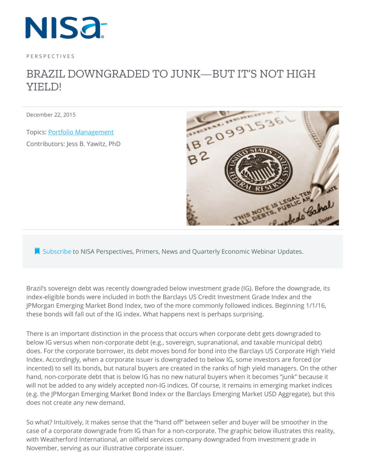 Brazil Downgraded to Junk But It’s Not High Yield! NISA Investment Advisors, LLC
