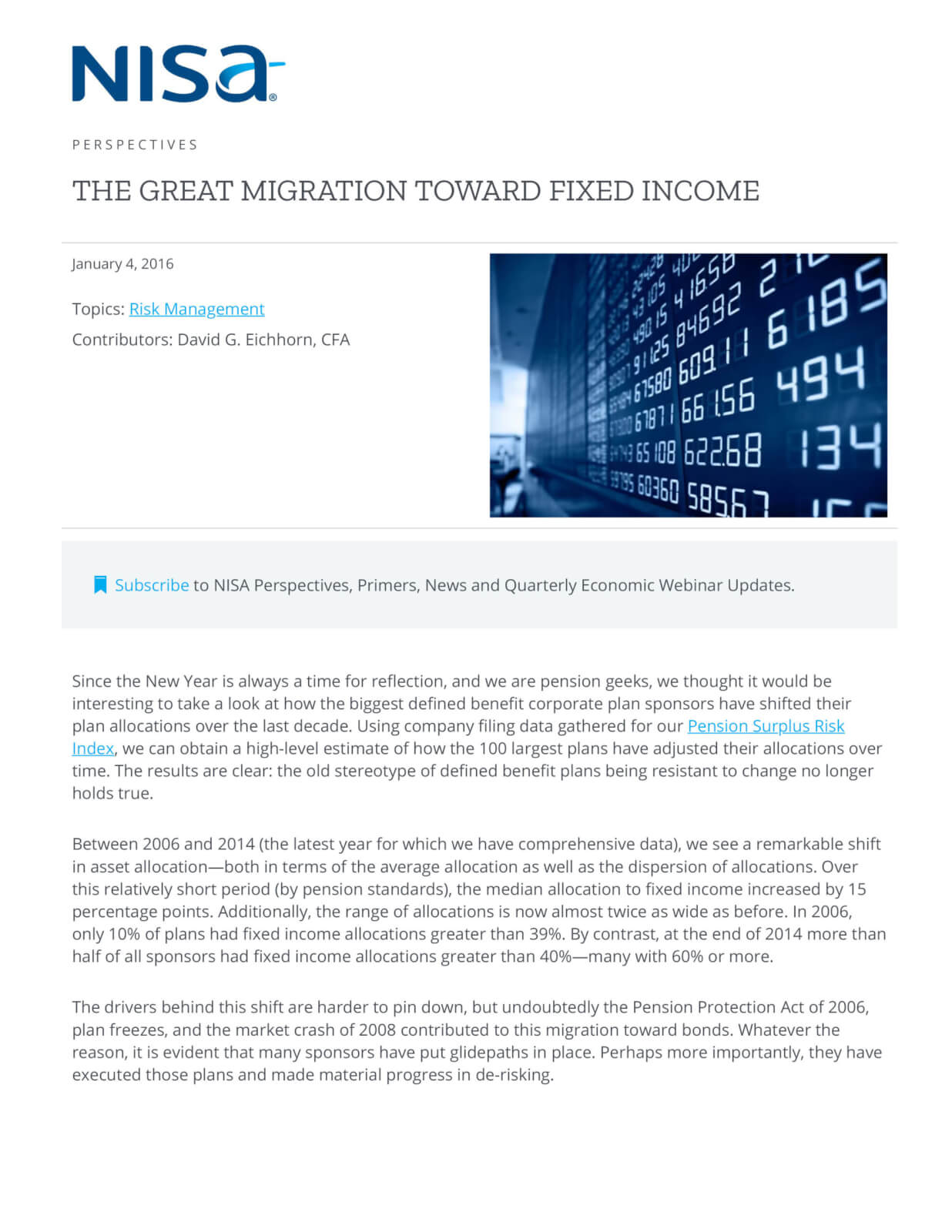 The Great Migration Toward Fixed Income NISA Investment Advisors, LLC