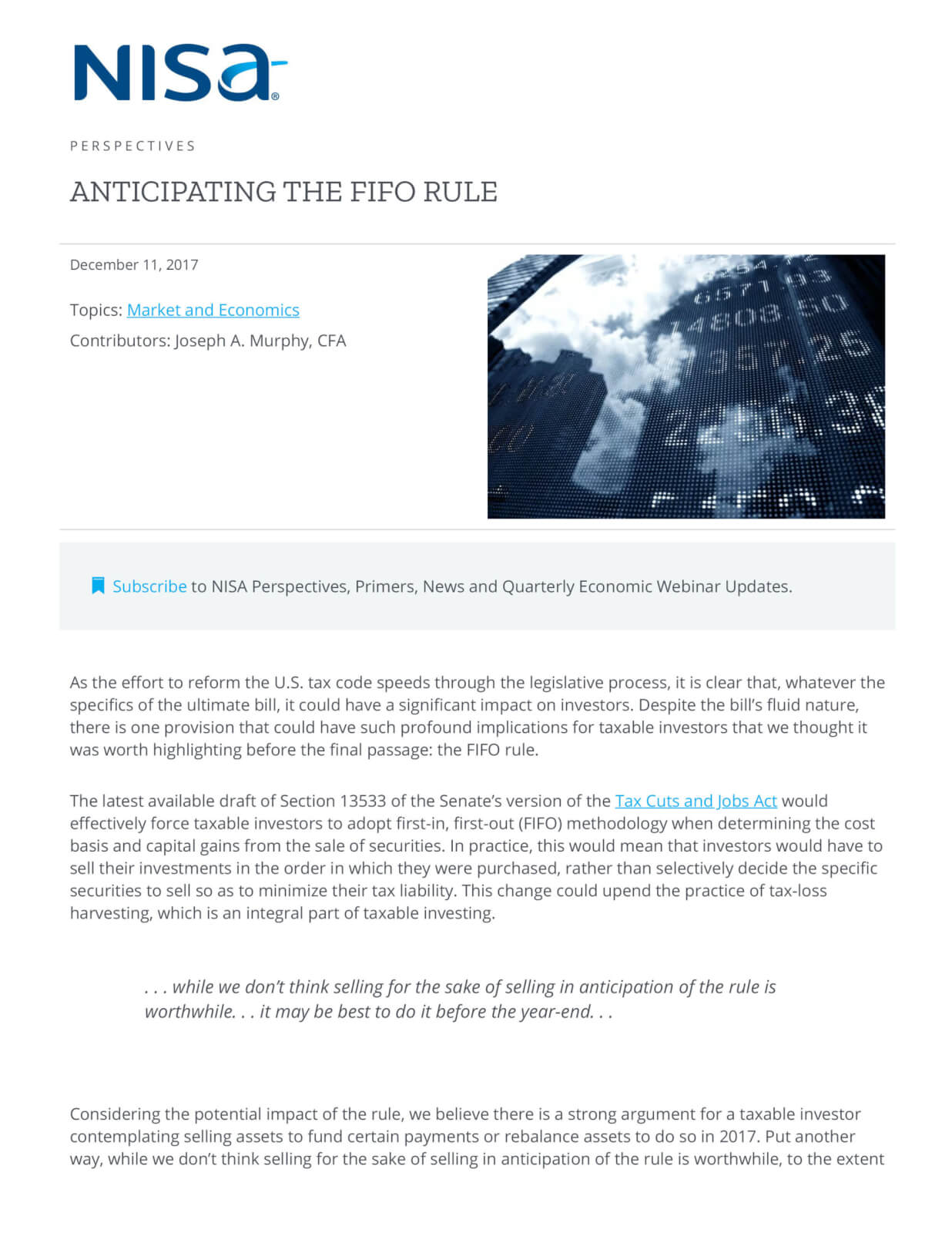 Anticipating the FIFO Rule NISA Investment Advisors, LLC