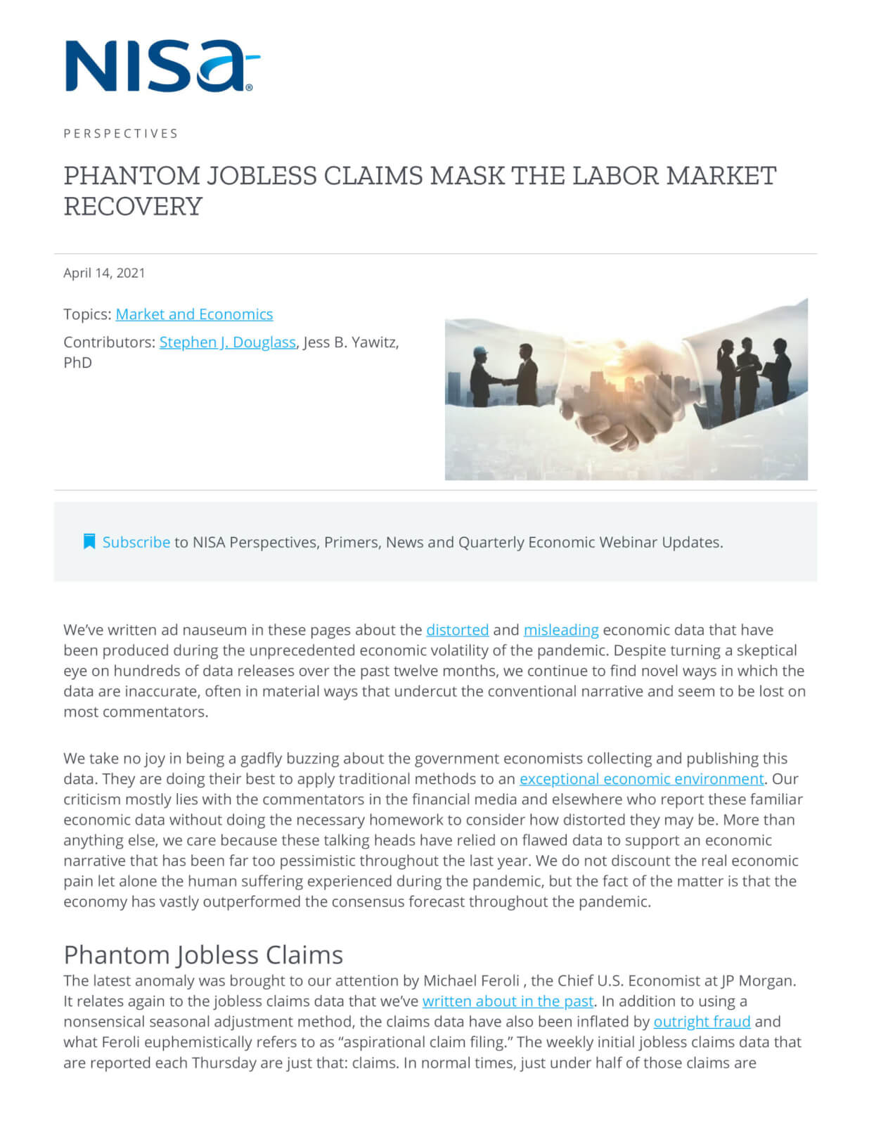 Phantom Jobless Claims Mask the Labor Market Recovery NISA Investment Advisors, LLC