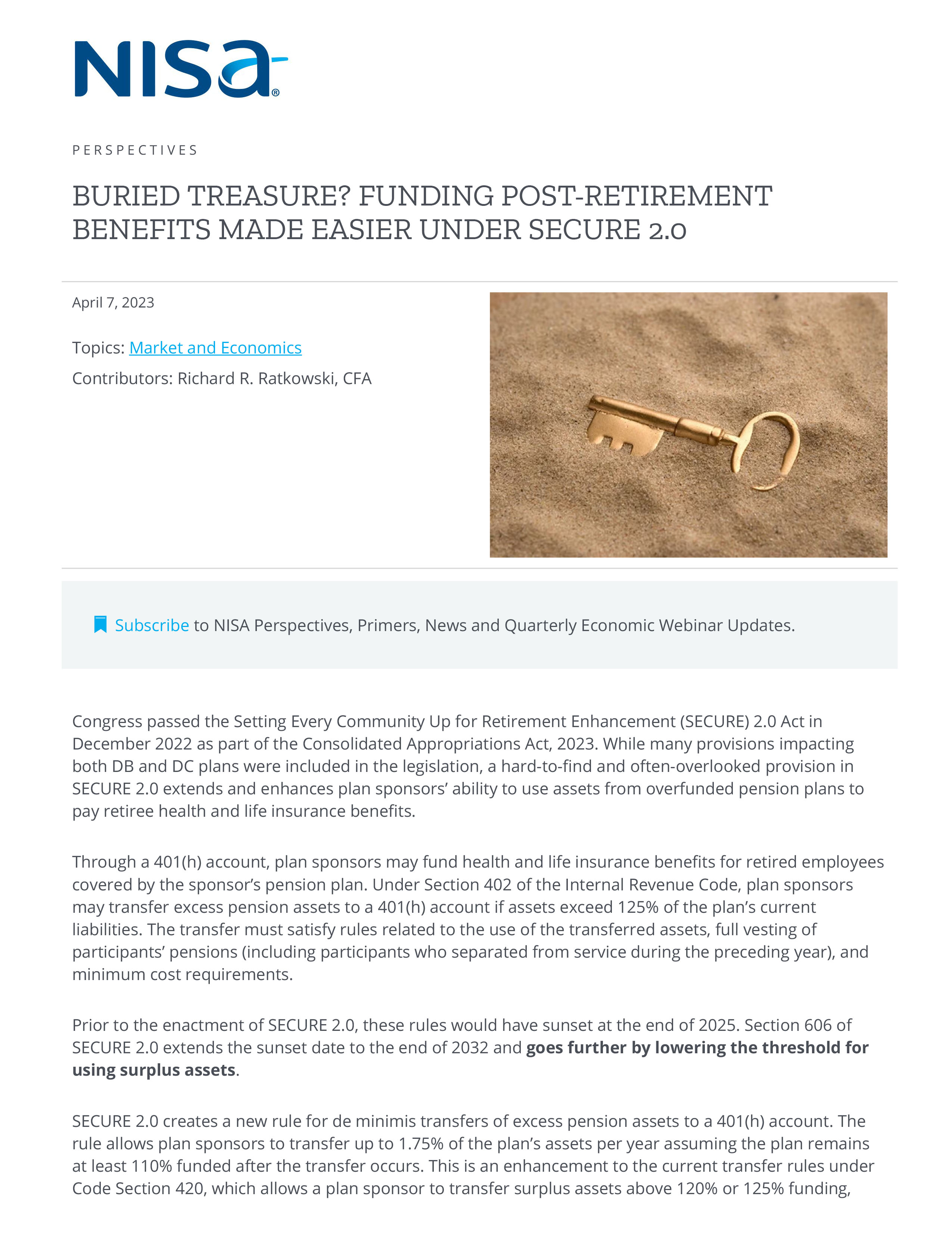 Buried Treasure Funding Post Retirement benefits made easier under SECURE . NISA Investment Advisors LLC