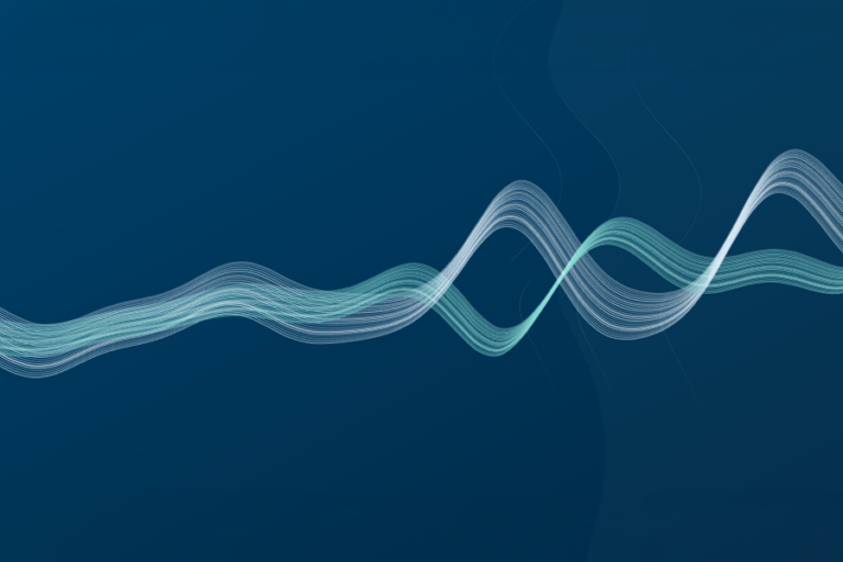 Abstract wave pattern of thin white and aqua lines flowing across a dark navy blue background, rising and crossing in peaks and valleys.
